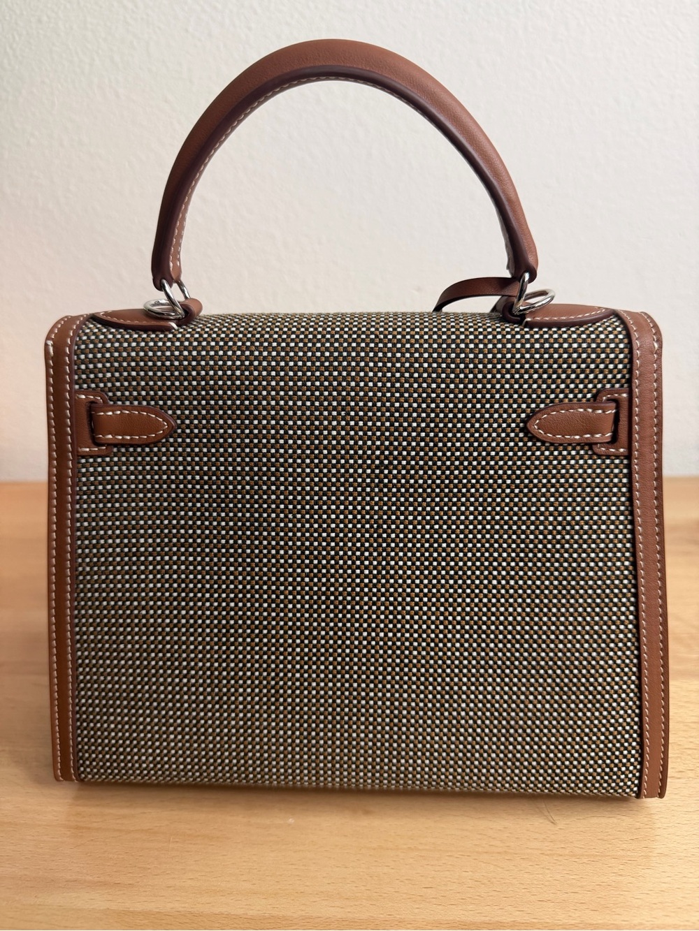 Rare H Kelly Sellier 25 check Toile Quadrille canvas Sesame Swift leather PHW - Picture 4 of 9